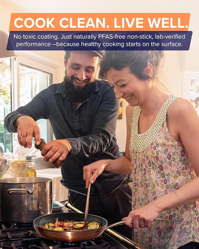 Nuwave Healthy G11-Pots and Pans Set Non Stick, 9H Near-Diamond Hardness Scratch-Resistant, Works on All Stovetops, PFAS Free, with Frying Pans, Saucepans & Glass Lids, Stay-Cool Handles, Copper