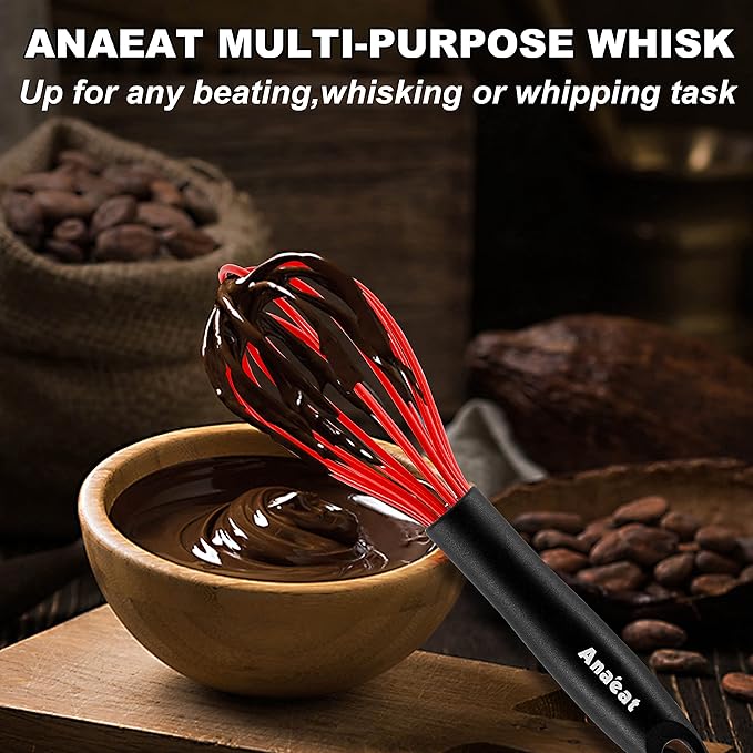 Anaeat Silicone Whisk, Thick Stainless Steel Wire Inner - Heat Resistant Kitchen Whisks for Non-Stick Cookware, Balloon Egg Beater for Whisking, Blending, Beating, Frothing & Stirring (Red)