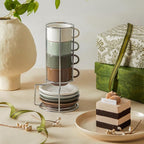 Sweese 2.5 Ounce Espresso Cups Set of 4, Porcelain Stackable Coffee Cups with Saucers and Metal Stand, Multicolor