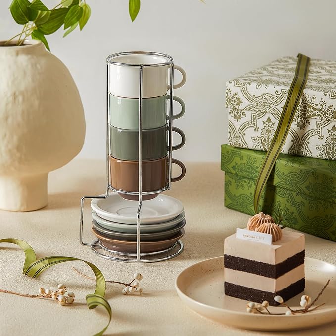 Sweese 2.5 Ounce Espresso Cups Set of 4, Porcelain Stackable Coffee Cups with Saucers and Metal Stand, Multicolor