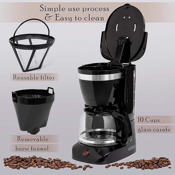 Mixpresso 10-Cup Drip Coffee Maker, Black Coffee Pot With Reusable Filter