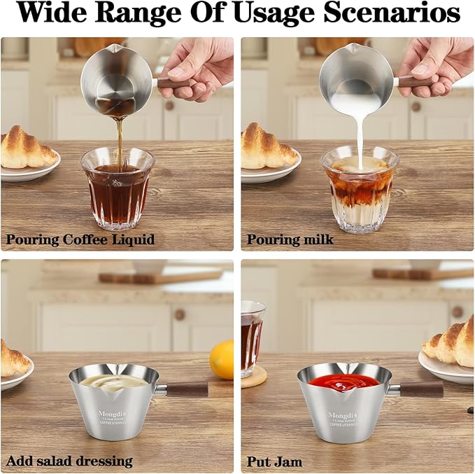 Mongdio Espresso Measuring Cup, Stainless Steel Espresso Shot Cups with Wooden Handle and Double Spouts, 6.8OZ/200ML, Silver