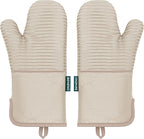 Beneno Kitchen Oven Mitts 2-Pack Heat Resistant to 500°F with Non-Slip Silicone Grip, Extra Long 14.3" Forearm Protection, Soft Quilted Cotton Terry Lining, Ideal for Cooking, Baking, Grilling, Beige