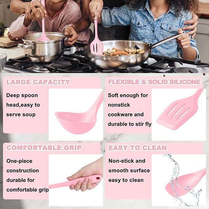E-far Pink Silicone Cooking Utensils Set, 10-Piece Kitchen Utensil Set for Nonstick Cookware, Silicone Kitchen Tools with Spatula Turner Spoon Tongs Whisk, Heat Resistant & Non-Toxic, Dishwasher Safe