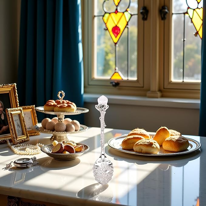 Crystal Coffee Spoon Vintage Floral Carved Long Handle Ice Cream Tea Spoon,Silver Diamond RHinestone