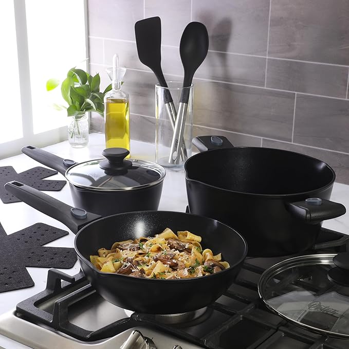 Oster SmartHandle Advance 13-Piece Nonstick Cookware Set – Matte Black Finish, Induction Base, Detachable Handles, Forged Aluminum, Oven & Dishwasher Safe, With Utensils & Pan Protectors