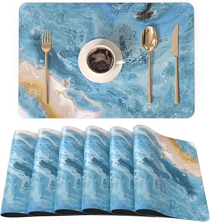 QIYI Placemats Set of 6, 12x18 Inch PU Leather Place Mats for Kitchen Dinning, Heat Resistant Anti Slip Pink Gold Table Mats, Waterproof Wipeable Washable Placemat Party Table Décor, Blue Fluid Marble