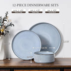 E-far 12-Piece Plates and Bowls Sets, Stoneware Dinnerware Dishes Sets for 4, Kitchen Modern Dining Dishware, Chip & Scratch Resistant, Microwave & Dishwasher Safe, Dusty Blue