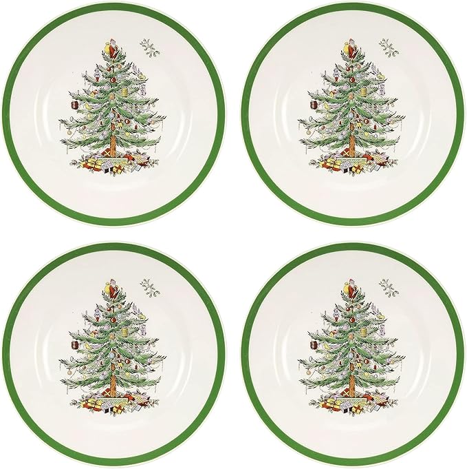 Spode Christmas Tree 8" Salad Plate Set of 4- Festive Holiday Stoneware Plate with Christmas Tree Design, Green Bordered Edges, Microwave, Dishwasher, Freezer, Oven Safe