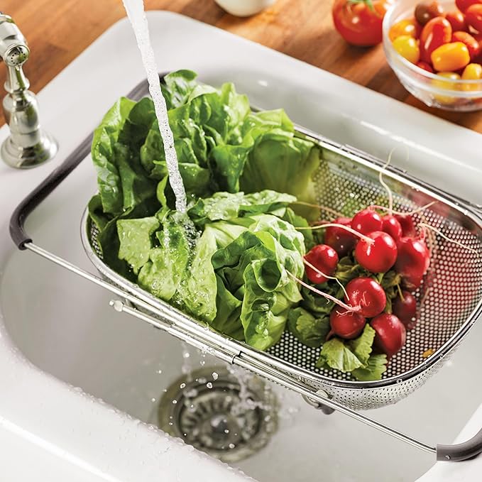 Rachael Ray Tools and Gadgets Over-The-Sink Colander/Strainer for Pasta, Fruits, Veggies, Expandable Silicone Grips, Dishwasher Safe, 4.5 Quart, Stainless Steel with Gray Handles