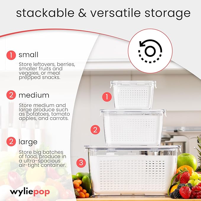 Premium Fruit Storage Containers for Fridge with Veggie Peeler – 3-in-1 Produce Containers for Fridge with Strainer & Removable Colander – Large, Clear Fruit and Vegetable Storage Organizer (Set of 3)