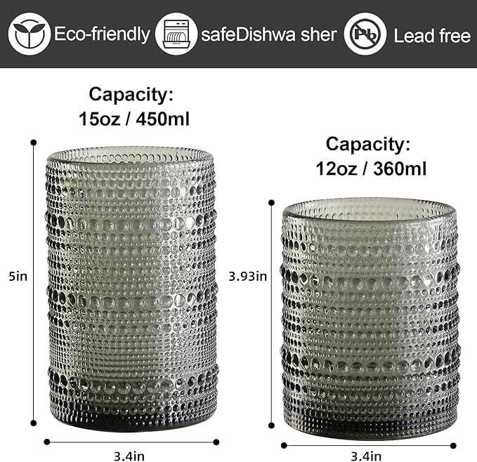 Vintage Glassware Drinking Glasses Set of 12,Grey 12oz & 15oz Hobnail Glass Cups,Embossed Water Tumbler,for Beer,Cocktail,Whiskey,Juice and Various Mixed Drinks- 1 Cleaning Brush
