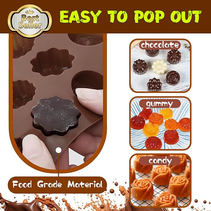 Rose Flower Shaped Silicone Chocolate Molds，BPA Free & Non-stick Silicone Tray for Hard Candy Caramels Jello Gummy Truffles Ice Cubes Soap - 4 Pack
