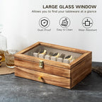 Silverware Box, 2-Layer Wooden Silverware Storage Box with Glass Lid, 14.5×10.6 Inches Vintage Style Decor Flatware Storage Case for Fine Flatware & Utensils, Gift Idea (Torched Wood)