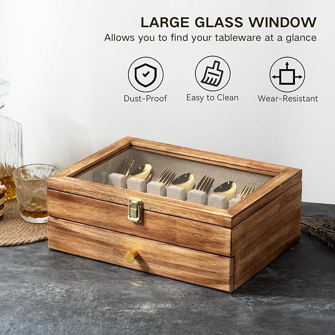 Silverware Box, 2-Layer Wooden Silverware Storage Box with Glass Lid, 14.5×10.6 Inches Vintage Style Decor Flatware Storage Case for Fine Flatware & Utensils, Gift Idea (Torched Wood)