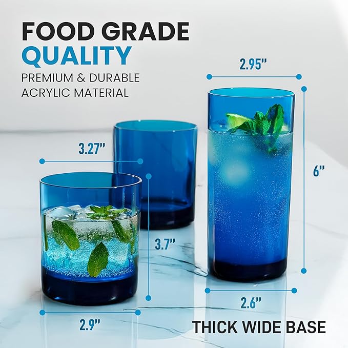 Zulay Kitchen Acrylic Glasses Drinkware - 8 Piece Unbreakable Plastic Tumblers - BPA-Free, Reusable Plastic Drinking Glasses for Home & Outdoors - Stackable, Lead-Free, Dishwasher Safe, Blue (12&16oz)