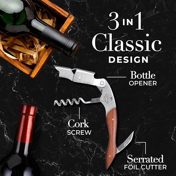 Zulay Kitchen Corkscrew Wine Opener - Premium 420 Stainless Steel & Rosewood Wine Bottle Opener - Double Hinged Opener with Foil Cutter & Cap Remover - Rosewood