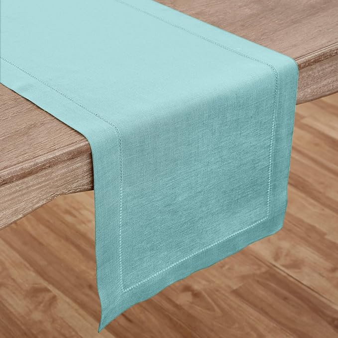Solino Home Linen Aqua Blue Table Runner 156 Inches Long - 100% Pure Linen Extra Long Table Runner 14 x 156 Inch for Summer - Classic Hemstitch