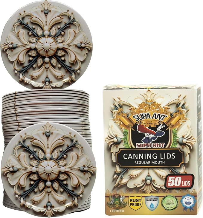 Supa Ant Thickest Canning Lids Regular Mouth (50 Pcs) Food Grade Tin Can Lids for Canned Food-Buckle Proof & Rust Proof Lid for Canning Kit for Regular Mouth Mason Jars (White Pearls) Canning Supplies
