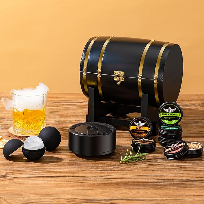 Electric Whiskey Smoker Kit with Wooden Display Barrel, Rechargeable Cocktail Smoker Kit with 6 Premium Wood Chips for Old Fashioned & Whiskey – Bar Gift for Men, Dad, Husband (No Butane Needed)
