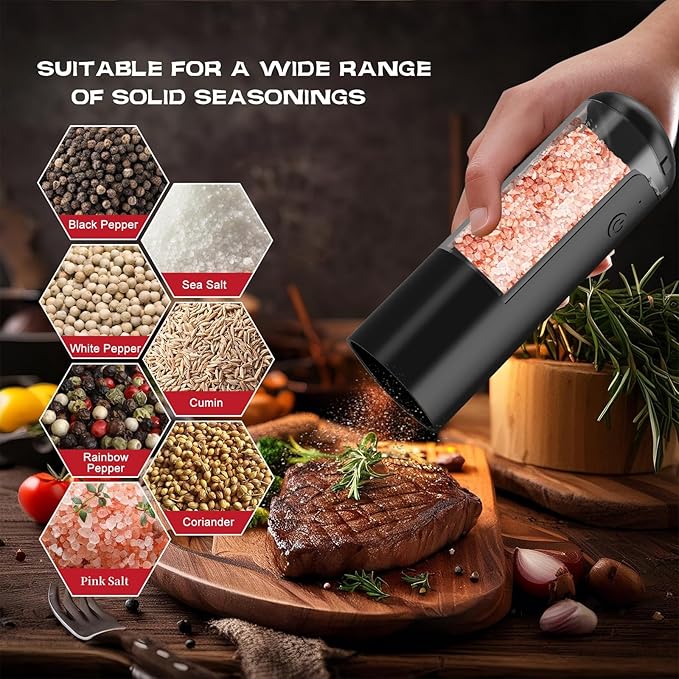 Electric Salt and Pepper Grinder Set: Rechargeable Salt and Pepper Shakers Set Electric For Gravity Spice Grinders Adjustable Automatic Peppercorns Mills Refillable Shaker Mill Large Capacity