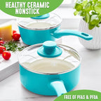 GreenLife Soft Grip 1QT and 2QT Saucepan Set, Healthy Ceramic Nonstick, Non Toxic PFAS & PFOA-Free, Dishwasher Safe, Glass Lids, Stay-Cool Handles, Easy Clean Cookware, Kitchen Essentials, Bright Blue