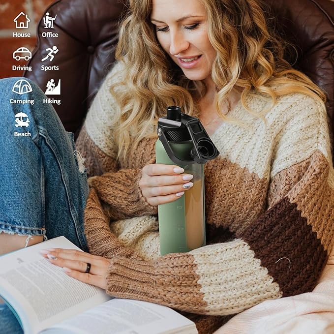 Kodrine Water Bottle with Straw, 24 oz Glass water Bottle with 2 Lids Bamboo Straw Lid and Spout Lid with Handle, 32 oz Clear Water Bottle Glass for Sports Travel, Waterbottle with Time Marker