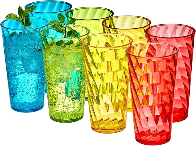Amazing Abby - Glacier - 18-Ounce Plastic Tumblers (Set of 8), Mixed-Color Reusable Plastic Cups, Stackable, BPA-Free, Shatter-Proof, Dishwasher-Safe