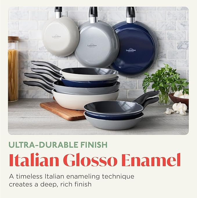 Deco 8” Nonstick Frying Pan Skillet, Made in Italy, Diamond Ceramic PFAS-Free, Dishwasher & Metal Utensil Safe, Durable Gloss Enamel Finish, Stay-Cool Handle, High Walls-Extra Room, Gray