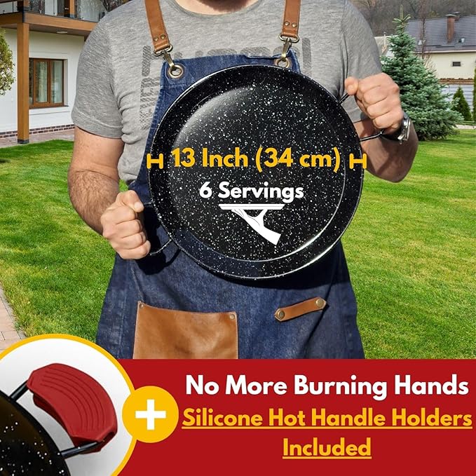 Paella Pan – Enamelled, No-Rust Steel Skillet – Easy-to-Clean Pan for Propane & Gas Burners – Indoor & Outdoor Cooking Cacerola Paellera Sarten – 13 Inch, for 6 Servings