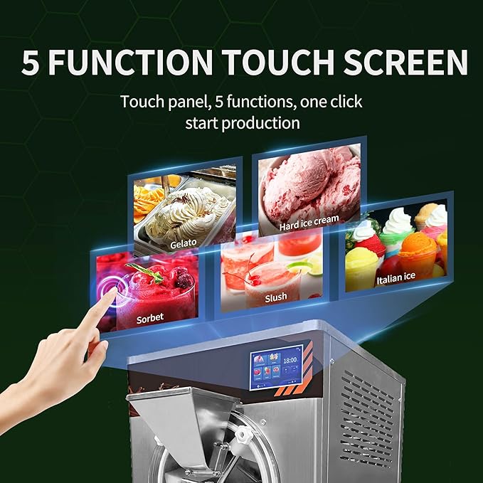 13Gal/H Gelato Batch Freezer, Hard Serve Ice Cream Machine Commercial, 12L Cylinder Italian Ice Machine, Frozen Yogurt Sorbet Maker for Dessert Shops, 5" Touch Panel