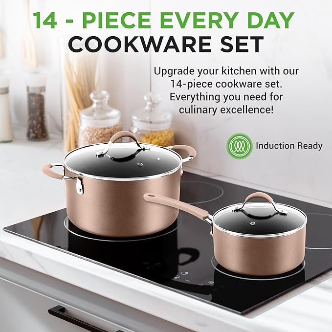 NutriChef 14-Piece Non Stick Kitchen Cookware Set w/Saucepan, Frying Pans, Cooking Pots, Dutch Oven Pot, Lids, Utensil, Gold