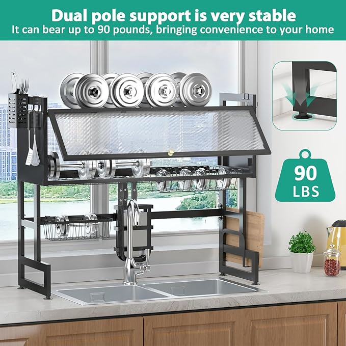 bukfen Dish Drying Rack, Over The Sink Dish Drainer Drying Rack 2 Tier Dish Rack with Cover for Kitchen (Black, Large 37.40 Length)