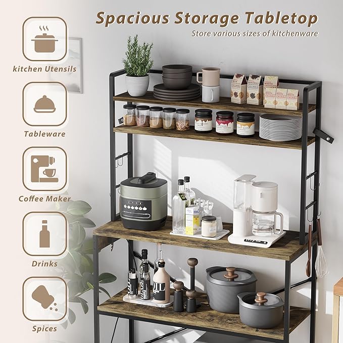 YESHOMY Kitchen Baker’s Rack with Power Outlet, 5-Tier Microwave Stand, Coffee Bar with 8 S-Shaped Hooks, Heavy Duty Storage Shelf Unit for Spices, Pots, Rustic Brown