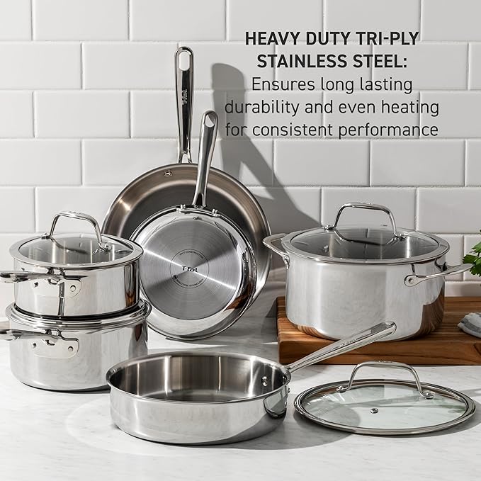 T-fal Pro Tri-Ply Stainless Steel Fry Pan 12 Inch, Induction Compatible, Oven Safe 500F, Fast & Even Heat, Professional Quality & Durability, Frying Pan, Skillet, Cookware, Dishwasher Safe, Silver