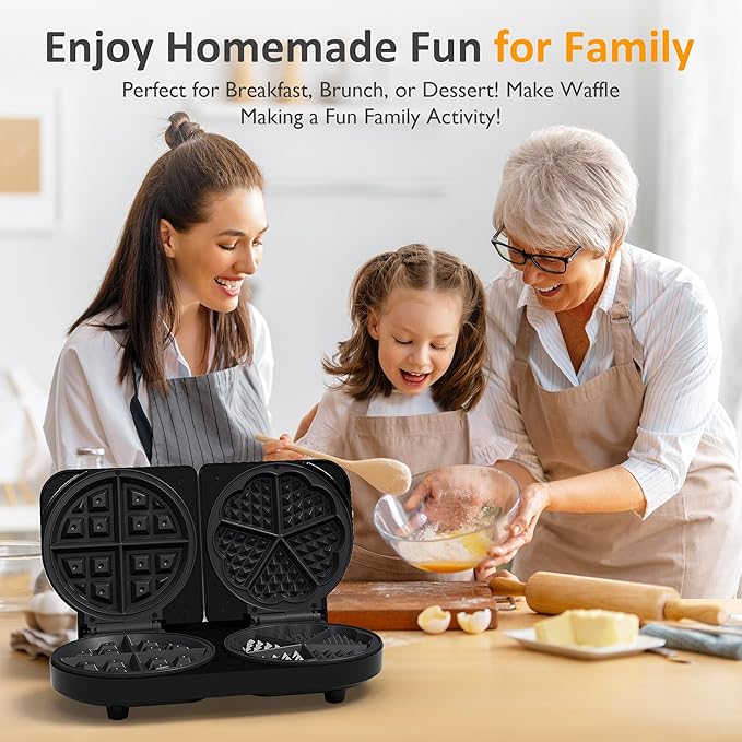 Sunvivi Dual Waffle Maker: Heart Waffle & Classic Waffle Iron with 2 Adjustable Temp Knobs, Nonstick Waffle Machine with Indicator Light, Easy to Clean, The best gifts for Her, Kids and Families