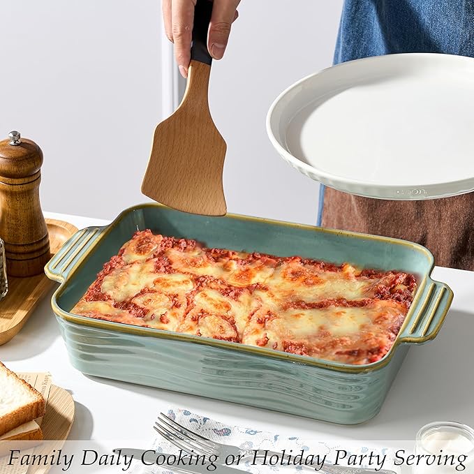 Ceramic Baking Dish Set of 3, Casserole Dishes for Oven, Square Porcelain Bakeware Set with Handles, Lasagna Baking Pan for Cooking, Perfect for Baking and Serving, Housewarming, Halloween, Thanksgiving, Christmas, New Year- Green