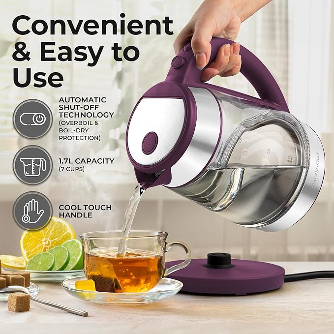 Zulay Kitchen Fast Boiling Electric Water Kettle - 1.7L, 1500W, Auto Shut-Off for Overboil & Boil Dry Protection, Cool-Touch Handle, 360° Base - Rapid Teapot Boiler For Coffee & Tea - Purple
