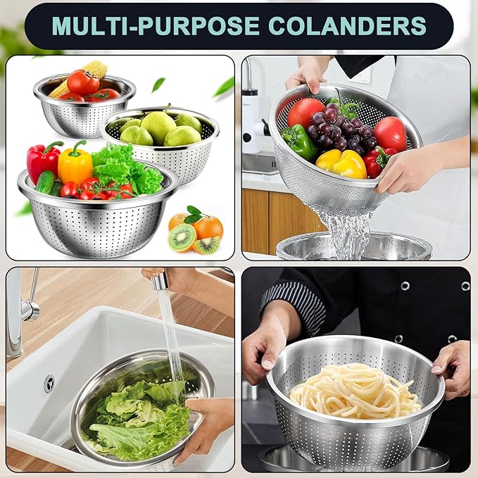 4+3 Stainless Steel Colander Set, 4 Sizes (1.8 qt, 2.3 qt, 3 qt, 4 qt) with 1 Mesh Strainer + 2 10-inch Stainless Steel Round Plates, for Washing Rice, Fruits, Vegetables, Draining Pasta, Meat