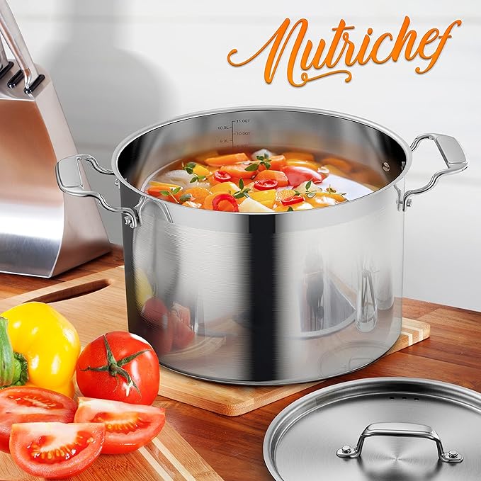 NutriChef 12-Quart Stainless Steel Stockpot with Stainless Steel Lid - 18/8 Food Grade Heavy Duty Large Stock Pot for Stew & Soup, Works w/Induction