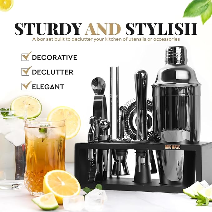 Black Stainless Steel Cocktail Shaker Set with Wood Stand - 15 Piece Bartender Kit with Drink Shaker, Bar Spoon, Jigger, Muddler, Strainer, Bottle Opener, Stopper, Pour Spout, Stirrers, Tongs, Recipes