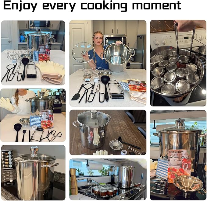 Canning Pot Water Bath Canner Stock Pot,Canning Kit for Beginners, Canning Supplies with Rack,Lid & Starter Tools Kits Stainless Steel Water Bath Canner 21.5 QT Starter Kits