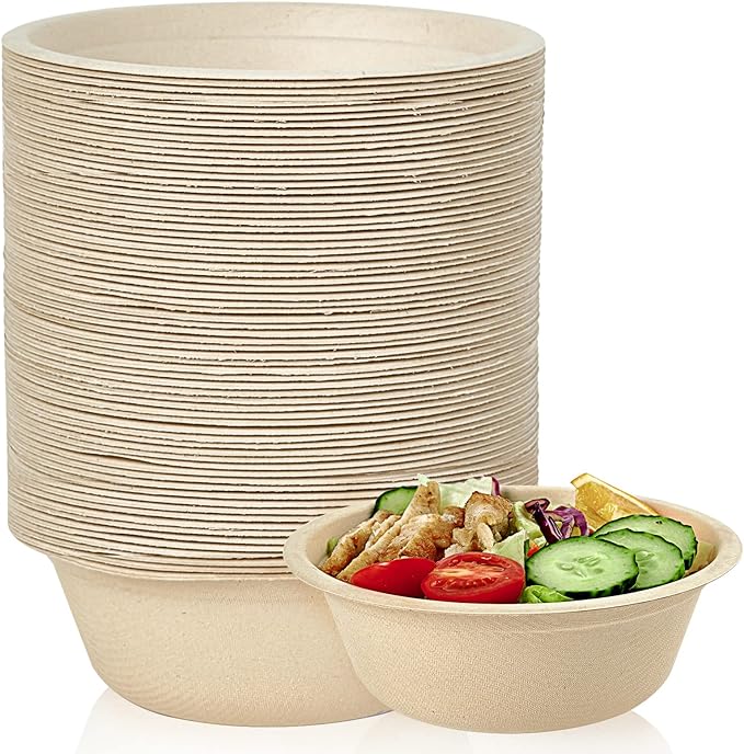ECOLipak 150 Pack Compostable Disposable Paper Bowls, 16 OZ Biodegradable Bagasse Eco-Friendly Sugarcane Soup Bowls for Salad Wheat Flakes(Nature)