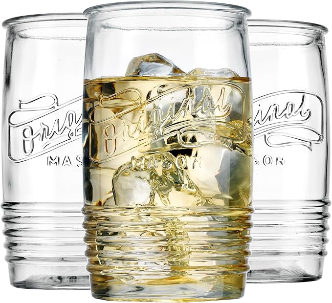 Glaver's Set of 8 Tumbler Glass Cups 20 OZ Mason Stemless Tall Drinking Glasses For Everyday Use, Modern yet Vintage Original Mason Logo Glassware for Bar, Water, Beer, Juice.