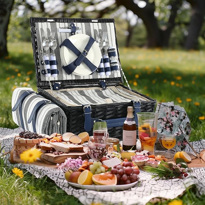 Picnic Basket Set for 4 with Waterproof Blanket Mat Insulation Bag Wicker Classic Navy Blue Black Stripe Gift for Wedding Birthday Summer Camp Outdoor Camping Travel Christmas Thanksgiving