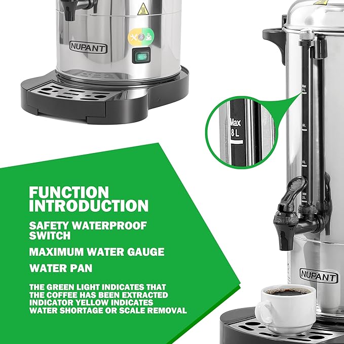 Commercial Coffee Urn 50 Cup/8L Coffee Dispenser with Upgraded Percolator, 304 Stainless Steel Hot Water Urn Beverage Dispenser with Keep Warm Mode, Large Coffee Maker for Catering Party