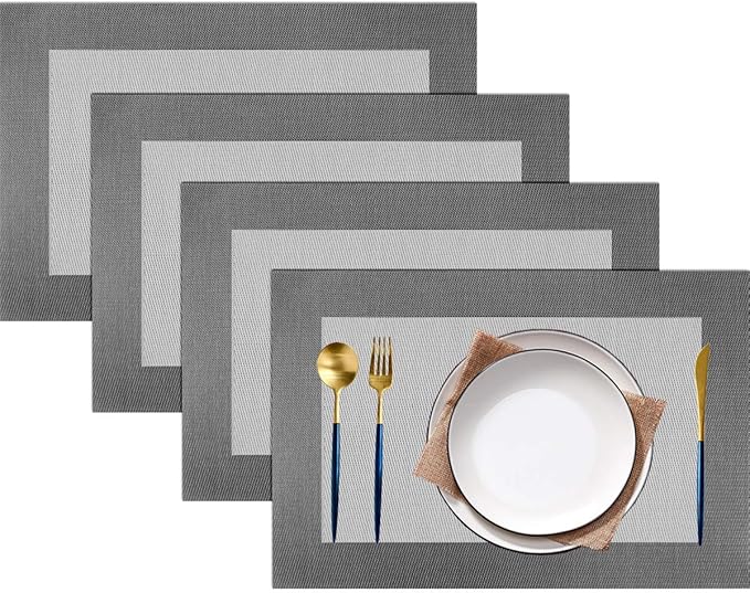 PIGCHCY Placemats Vinyl Washable Table Mats Elegant Non-Slip Placemats for Dinner Table Set of 4 (Silver)