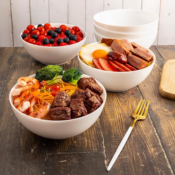 C CREST Elegant 33oz White Glass Bowl Set of 6, Perfect for Soup, Cereal, Ramen, Oatmeal, Fruit, Salad, Rice Bowls; Dishwasher & Microwave Safe