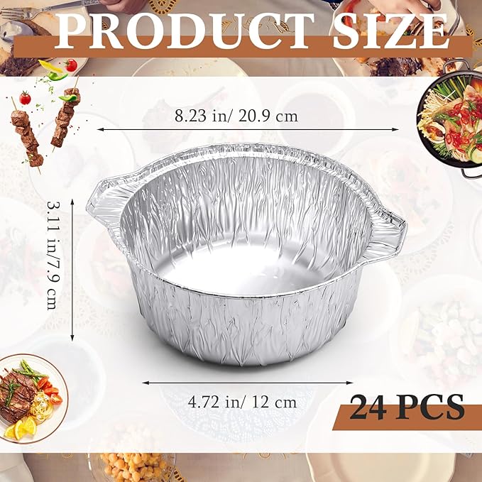 24 Disposable Aluminum Pot with Lid Round Foil Pans Disposable Cookware Food Container for Vacation Trips Camping Baking Heating Cooking (33.8 oz)