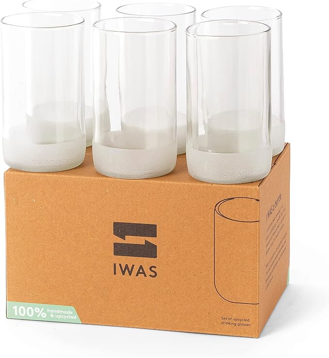 IWAS Upcycled Tall Clear Drinking Glasses | 350 ML | 12 OZ | Set of 6 | Sustainable Water and Cocktail Glasses For Home | Environmentally Friendly